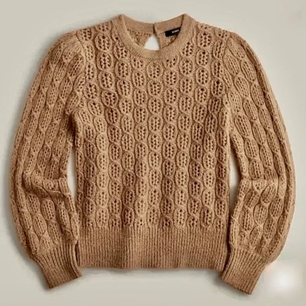 NWT!! J. CREW Balloon Sleeve Cable Knit Sweater Pale Clay Tan‎ Brown X-Small - Picture 8 of 15